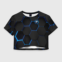 Футболка 3D укороченная женская BMW blue neon theme, цвет: 3D-принт