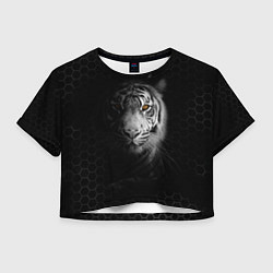 Футболка 3D укороченная женская Тигр черно-белый соты, цвет: 3D-принт