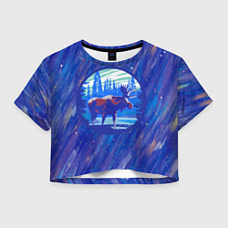 Футболка 3D укороченная женская Лось в лесу Blue, цвет: 3D-принт