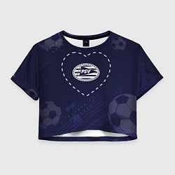 Футболка 3D укороченная женская Лого PSV в сердечке на фоне мячей, цвет: 3D-принт