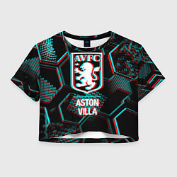 Футболка 3D укороченная женская Aston Villa FC в стиле Glitch на темном фоне, цвет: 3D-принт