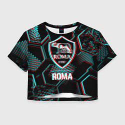 Футболка 3D укороченная женская Roma FC в стиле Glitch на темном фоне, цвет: 3D-принт