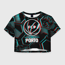 Футболка 3D укороченная женская Porto FC в стиле glitch на темном фоне, цвет: 3D-принт