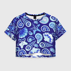 Футболка 3D укороченная женская Паттерн из океанских раковин и морских звёзд, цвет: 3D-принт