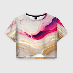 Футболка 3D укороченная женская Золотые и розовые мраморные узоры, цвет: 3D-принт
