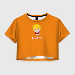 Футболка 3D укороченная женская Человек-бензопила Дэндзи на оранжевом фоне, цвет: 3D-принт