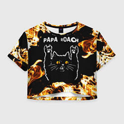 Футболка 3D укороченная женская Papa Roach рок кот и огонь, цвет: 3D-принт