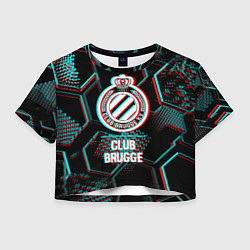 Футболка 3D укороченная женская Club Brugge FC в стиле glitch на темном фоне, цвет: 3D-принт