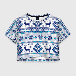 Футболка 3D укороченная женская Happy new year, blue deer, цвет: 3D-принт