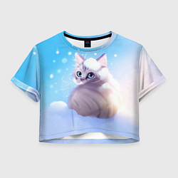 Футболка 3D укороченная женская Заснеженный котик, цвет: 3D-принт