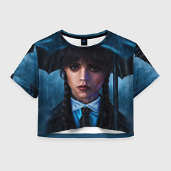 Футболка 3D укороченная женская Уэнсдэй под зонтом, цвет: 3D-принт