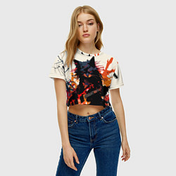 Футболка 3D укороченная женская Black rocker cat on a light background - C-Cats co, цвет: 3D-принт — фото 2