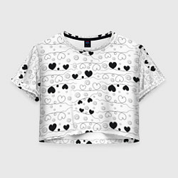Футболка 3D укороченная женская Узор из черно-белых сердец на белом фоне, цвет: 3D-принт