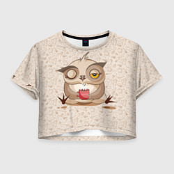 Футболка 3D укороченная женская Сова с кофе, цвет: 3D-принт