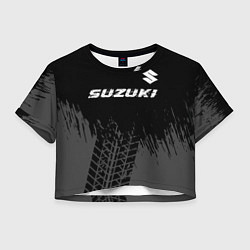 Футболка 3D укороченная женская Suzuki speed на темном фоне со следами шин: символ, цвет: 3D-принт