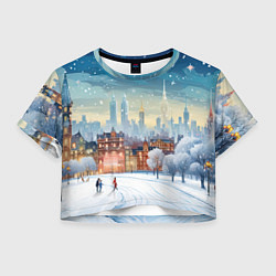 Футболка 3D укороченная женская Новогодний городок, цвет: 3D-принт
