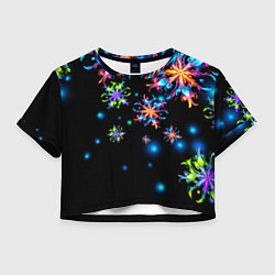 Футболка 3D укороченная женская Неоновые снежинки - Новый год, цвет: 3D-принт