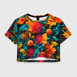 Футболка 3D укороченная женская Яркие шикарные цветы узор, цвет: 3D-принт