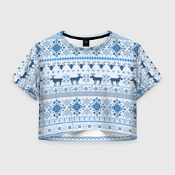 Футболка 3D укороченная женская Blue sweater with reindeer, цвет: 3D-принт