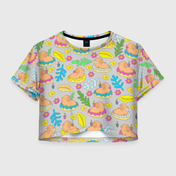 Футболка 3D укороченная женская Семья капибар на отдыхе, цвет: 3D-принт