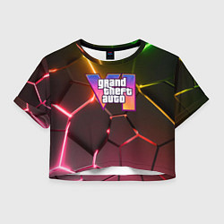 Футболка 3D укороченная женская GTA 6 лого на фоне разлома радужных плит, цвет: 3D-принт