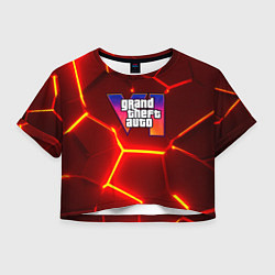 Футболка 3D укороченная женская GTA 6 лого на фоне разлома красных плит, цвет: 3D-принт