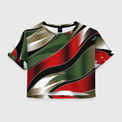 Футболка 3D укороченная женская Красные зеленые белые полосы абстракции, цвет: 3D-принт