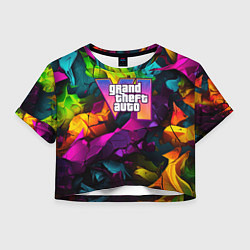 Футболка 3D укороченная женская Gta лого камуфляж яркий неоновый, цвет: 3D-принт
