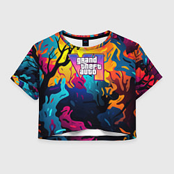 Футболка 3D укороченная женская GTA 6 logo яркий неоновый камуфляжный стиль, цвет: 3D-принт