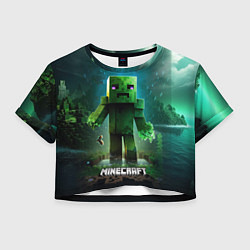 Футболка 3D укороченная женская Minecraft зеленый персонаж на острове, цвет: 3D-принт