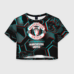 Футболка 3D укороченная женская Manchester United FC в стиле glitch на темном фоне, цвет: 3D-принт
