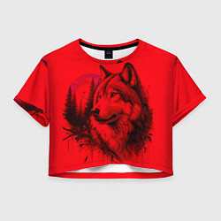 Футболка 3D укороченная женская Рисунок волка на красном, цвет: 3D-принт