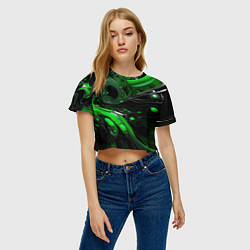 Футболка 3D укороченная женская Green dark abstract geometry style, цвет: 3D-принт — фото 2