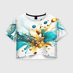 Женский топ Бирюзово голубая абстракция, брызги краски на бело
