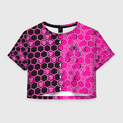 Футболка 3D укороченная женская Техно-киберпанк шестиугольники розовый и чёрный с, цвет: 3D-принт