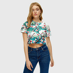 Футболка 3D укороченная женская Цветущие ветки японской сакуры, цвет: 3D-принт — фото 2