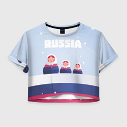 Футболка 3D укороченная женская Флаг России и матрешки, цвет: 3D-принт