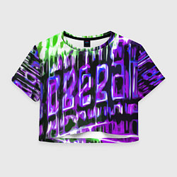 Футболка 3D укороченная женская Фиолетово-зелёная абстракция на чёрном фоне, цвет: 3D-принт