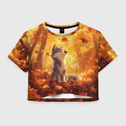 Футболка 3D укороченная женская Волчонок в осеннем лесу, цвет: 3D-принт