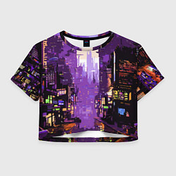 Футболка 3D укороченная женская Киберпанк город фиолетовый, цвет: 3D-принт