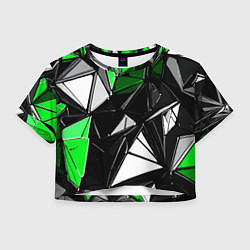 Футболка 3D укороченная женская Зелёно-белые рельефные треугольники на чёрном фоне, цвет: 3D-принт