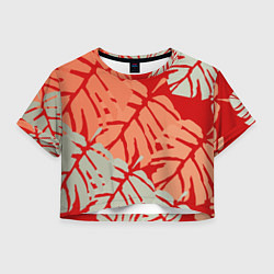 Футболка 3D укороченная женская Отпечатки монстеры на красном, цвет: 3D-принт