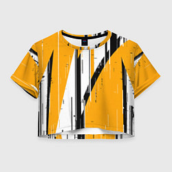 Футболка 3D укороченная женская Чёрно-белые вертикальные полосы на жёлтом фоне, цвет: 3D-принт