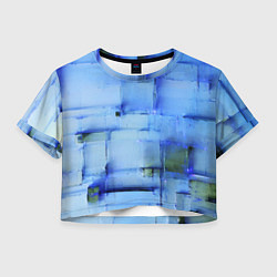 Футболка 3D укороченная женская Чёрные пятна на синем фоне абстракция, цвет: 3D-принт