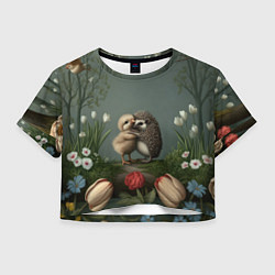 Футболка 3D укороченная женская Ежик и цыпленок обнимаются, цвет: 3D-принт