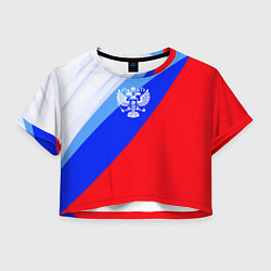Футболка 3D укороченная женская Герб России на фоне цветов Российского флага, цвет: 3D-принт