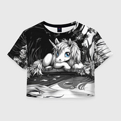 Футболка 3D укороченная женская Белый единорог с голубыми глазами, цвет: 3D-принт