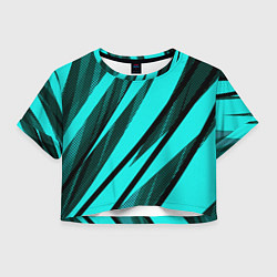 Футболка 3D укороченная женская Неоновый голубой с чёрным абстракция с полосами, цвет: 3D-принт