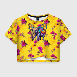 Футболка 3D укороченная женская Слон с крыльями бабочки на цветочном фоне, цвет: 3D-принт
