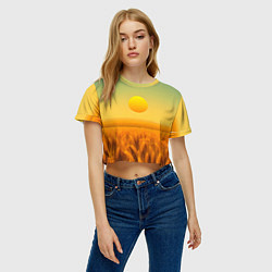 Футболка 3D укороченная женская Закат над пшеничным полем, цвет: 3D-принт — фото 2